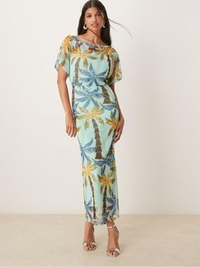 Never Fully Dressed Tilly off asymmetric mesh maxi dress in blue palm print New